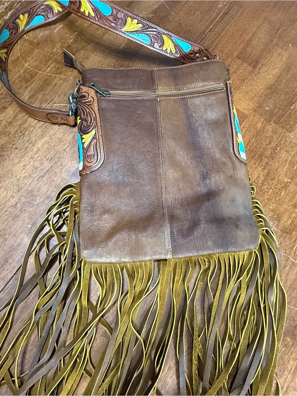 American Darling Cowhide Leather Fringe Crossbody Bag Turquoise Tooled Purse - Picture 5 of 11